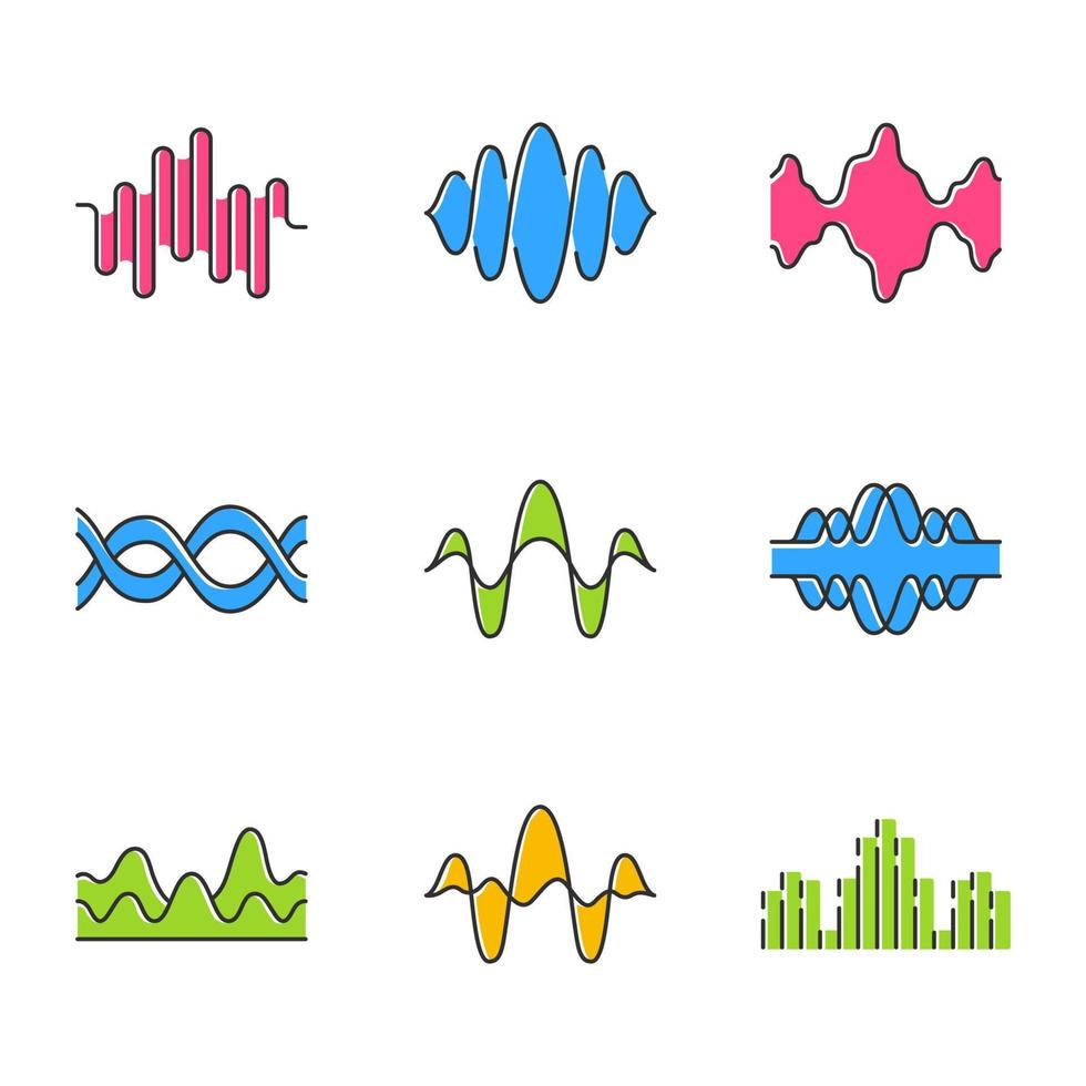 Sound and audio waves color icons set. Voice recording, radio signal waveforms. Digital soundwaves. Melody amplitudes levels. Dj equalizer, soundtrack frequency. Isolated vector illustrations