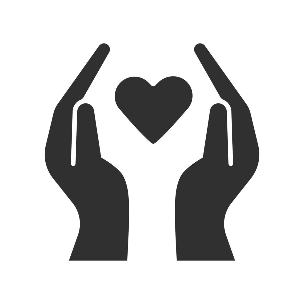Hands with heart glyph icon. Volunteering activity. Nonprofit organization. Charity project. Friendship and love. Silhouette symbol. Negative space. Vector isolated illustration