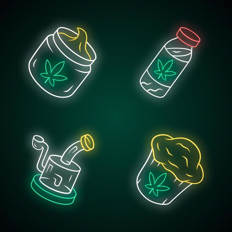 Weed products neon light icons set. CBD drink and cream. Glass rig. Ganja cupcake. Marijuana legalization. Hemp distribution and sale. Cannabis industry. Glowing signs. Vector isolated illustrations