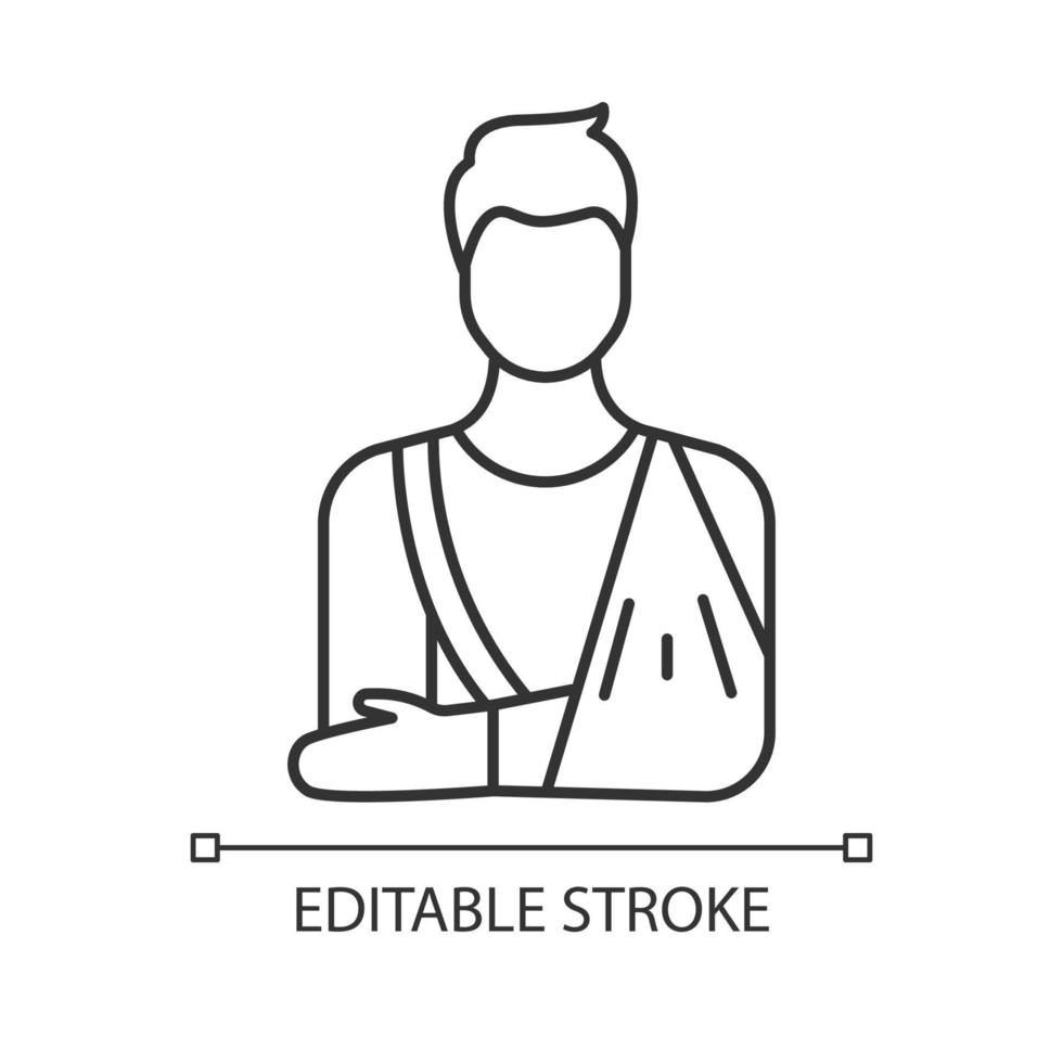 Orthopedic cast linear icon. Fractured bone. Male patient with broken arm. Injury treatment. Accident help. Thin line illustration. Contour symbol. Vector isolated outline drawing. Editable stroke
