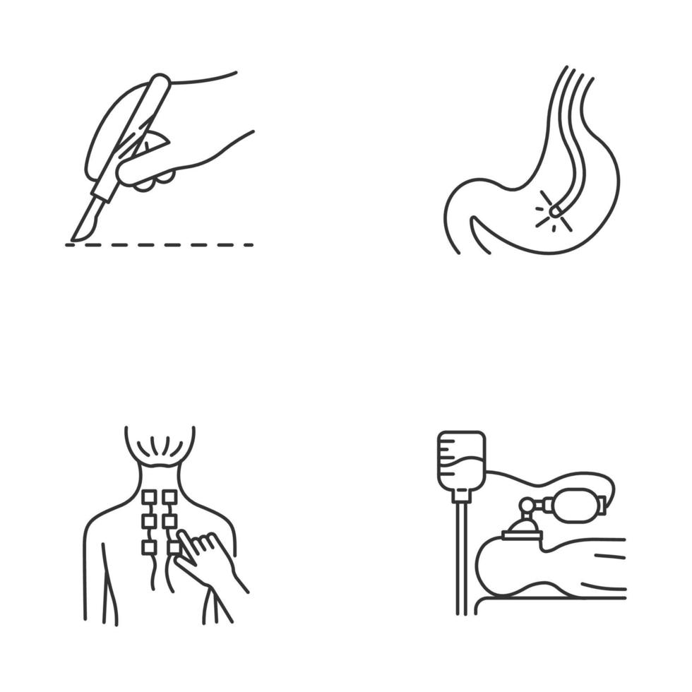 conjunto de iconos lineales de procedimiento médico. cirugía. endoscopia y gastroscopia. fisioterapia. alivio del dolor de espalda. anestesia. símbolos de contorno de línea delgada. ilustraciones aisladas de contorno vectorial. trazo editable vector