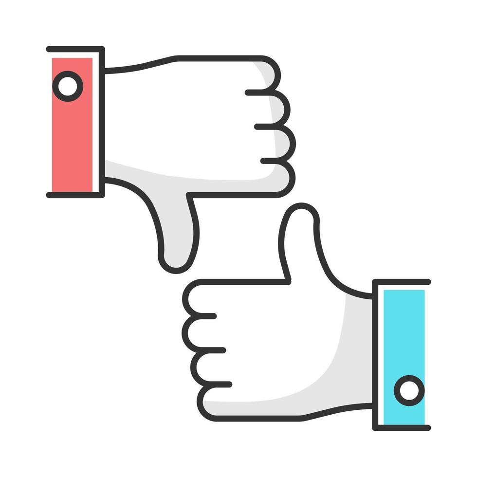 Like and dislike color icon. Feedback option. Info evaluation. Data online assessment. Hand up and down sign. Negative and positive experience. Bad and good option. Isolated vector illustration