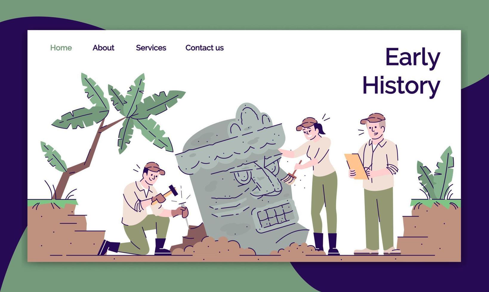 Early history landing page vector template. Study of lost civilizations website interface idea with flat illustrations. Mayan and Aztec legacy homepage layout. Web banner, webpage cartoon concept