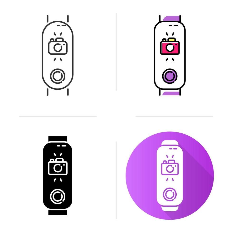 Fitness tracker with camera on display icons set. Trendy wellness gadget with instant photo option. Device with distance camera control. Linear, black and color styles. Isolated vector illustrations