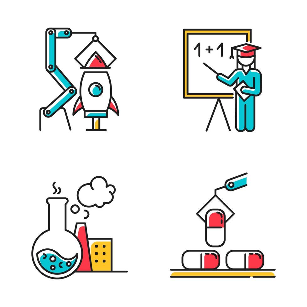 conjunto de iconos de color de tipos de industria. producción de bienes y servicios. sectores aeroespacial, educativo, químico y farmacéutico de la economía. investigación y ciencia. ilustraciones de vectores aislados