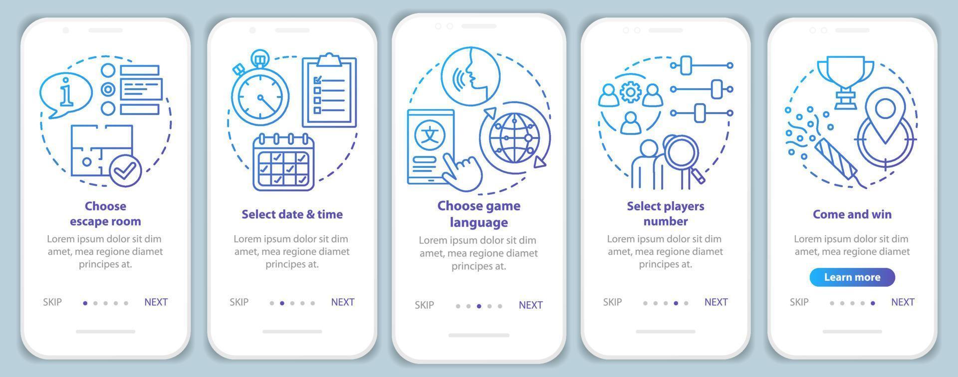 Escape room booking tutorial onboarding mobile app page screen with linear concepts. Choose quest date. Blue walkthrough steps graphic instructions. UX, UI, GUI vector template with illustrations