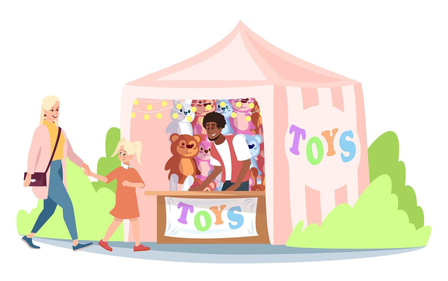 Fair market stall with toys flat vector illustration. Mother and daughter at circus fair, funfair trade tent with kids toys and seller cartoon characters. Amusement park, fairground attractions