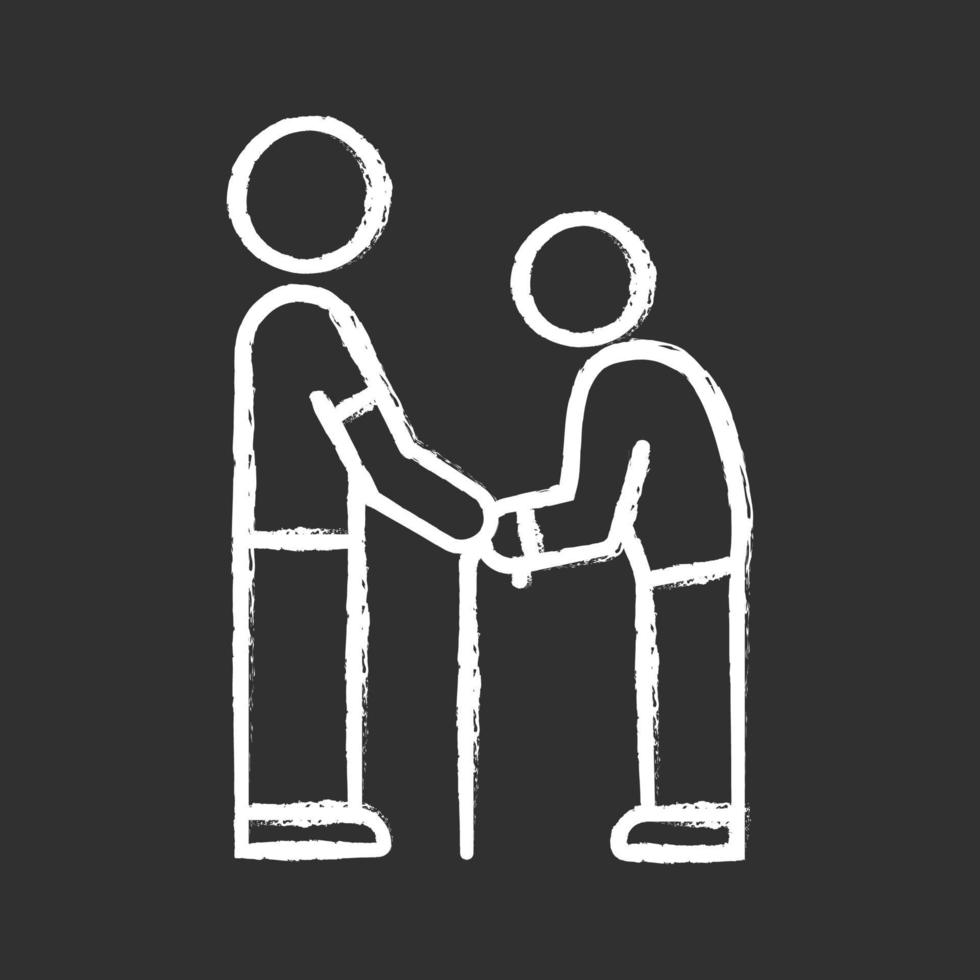 Elderly people help chalk icon. Volunteer responsibility for old people. Assistance program for pensioners. Caring about old parents. Man holds senior by hands. Isolated vector chalkboard illustration