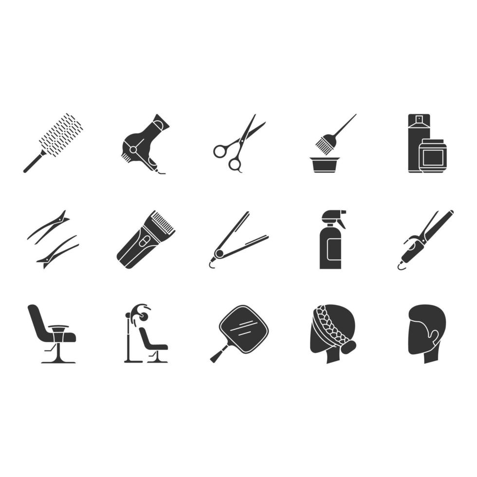 Hair dress glyph icons set. Professional hairstyling. Hairdresser tools, equipment and services. Barbershop, beauty salon maintenance. Hair care. Silhouette symbols. Vector isolated illustration