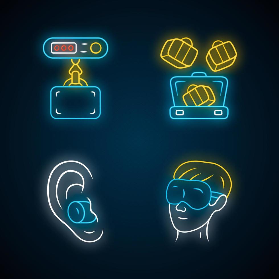 Travel accessories neon light icons set. Digital luggage, baggage weights, packing cubes. Noise cancelling earplugs, sleeping travelling eyemask. Glowing signs. Vector isolated illustrations
