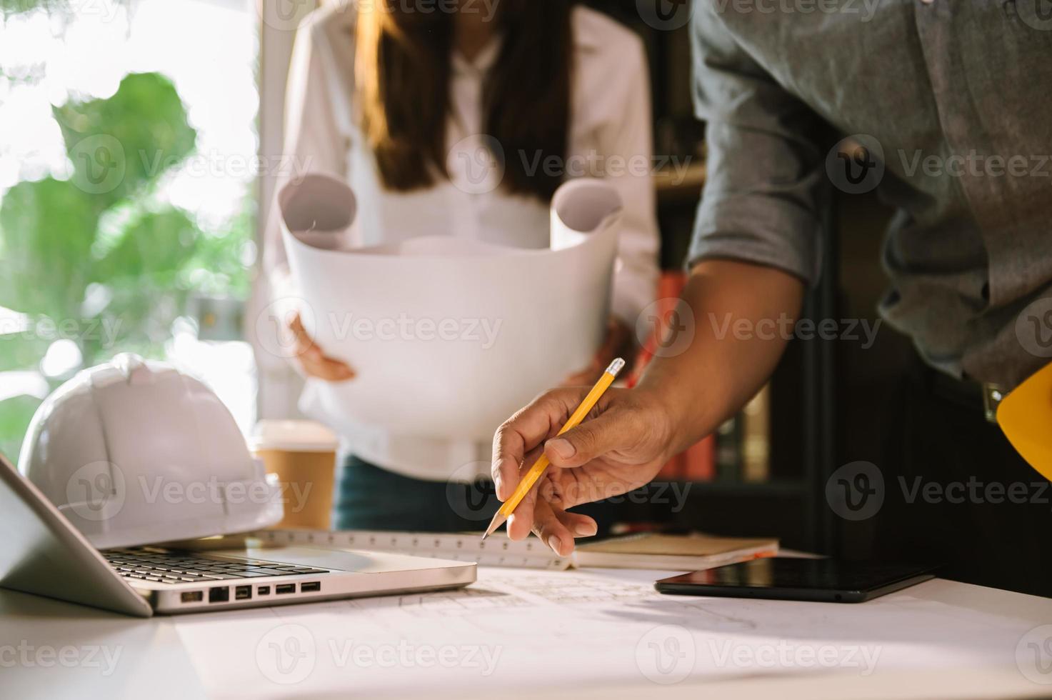 Engineer teamwork. Image of engineer meeting for architectural project. photo