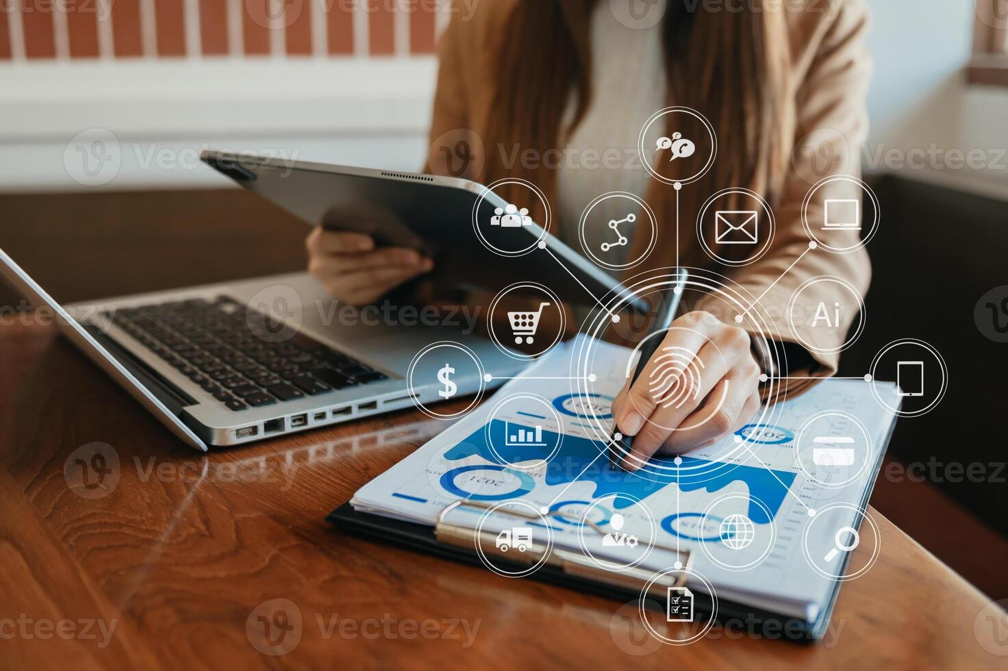 business hands background and abstract innovative technologies for industries. Multi exposure. photo