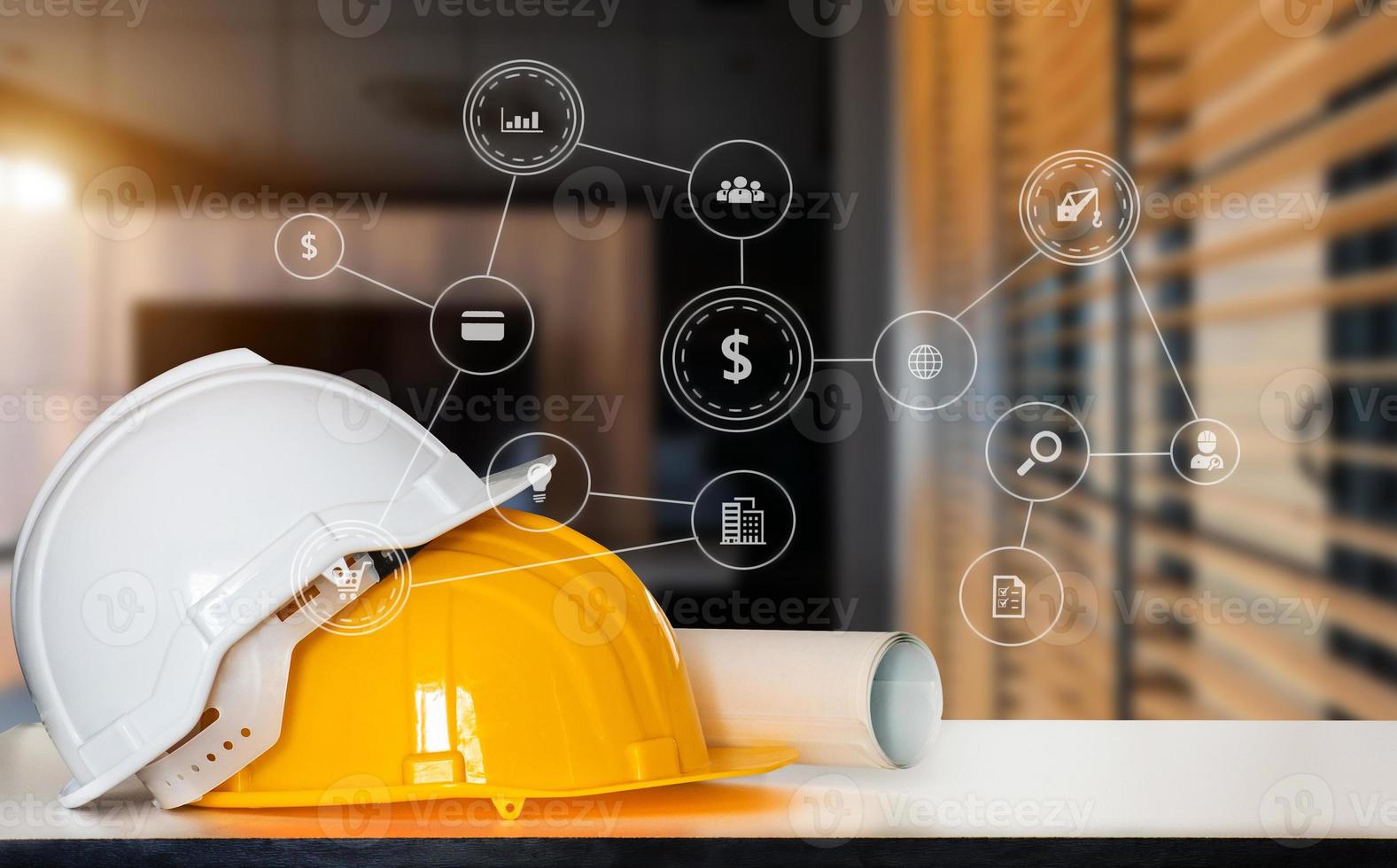 Construction house and building. Repair work. Drawings for building and helmet on white table with VR icon photo