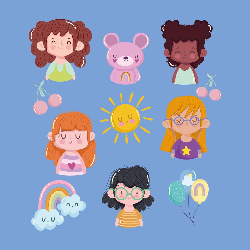 icons set girls and bear vector
