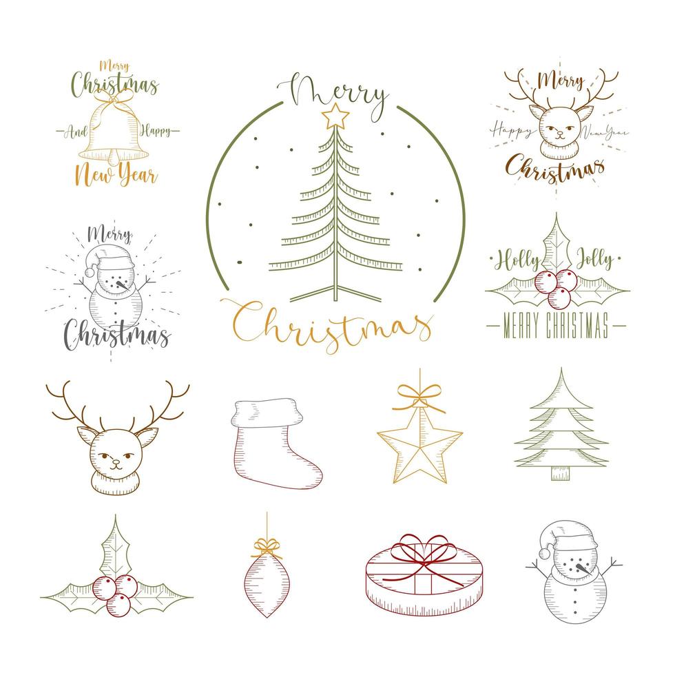set of linear merry christmas vector