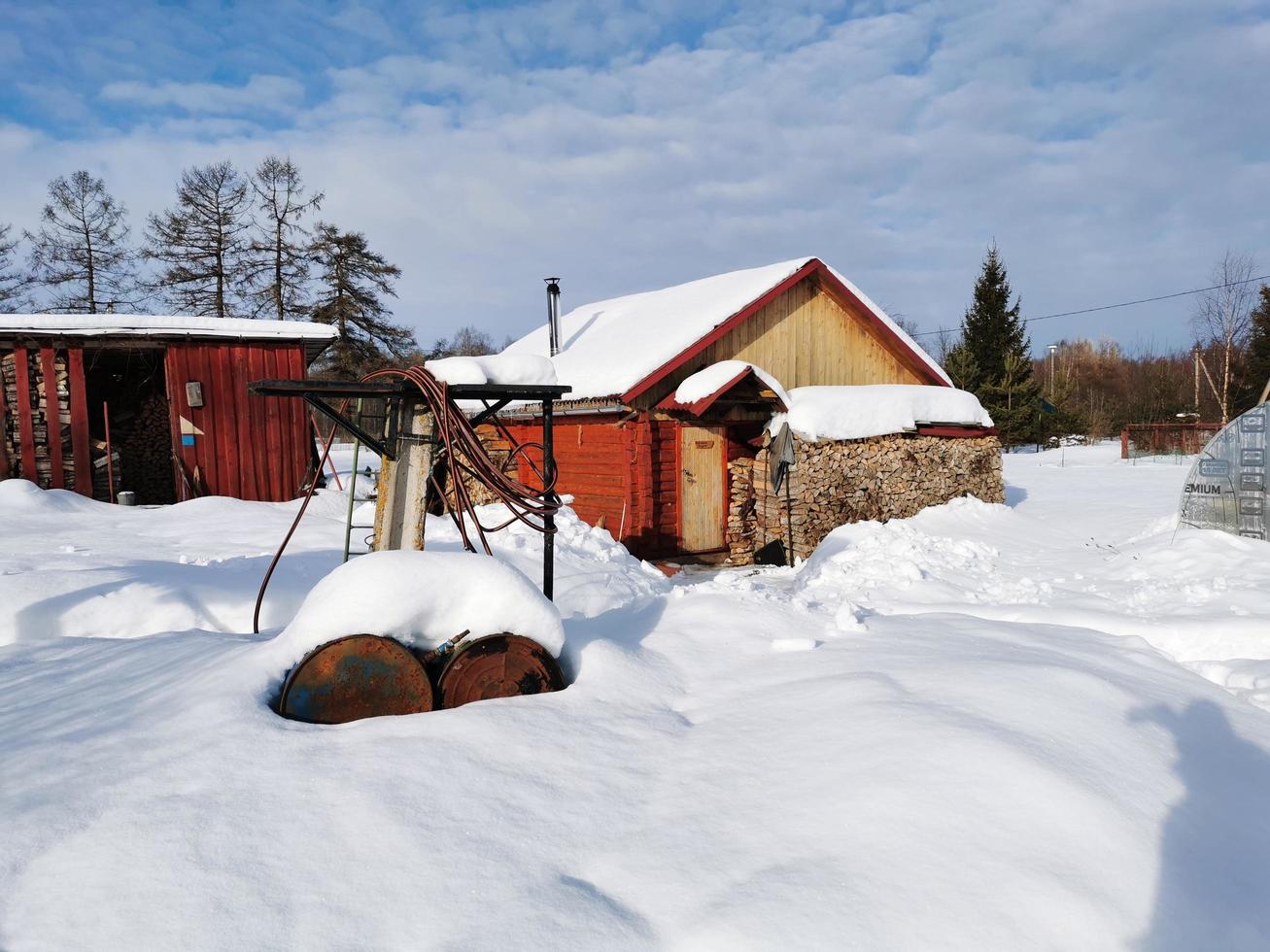 winter day in the Russian village snow well blue sky photo