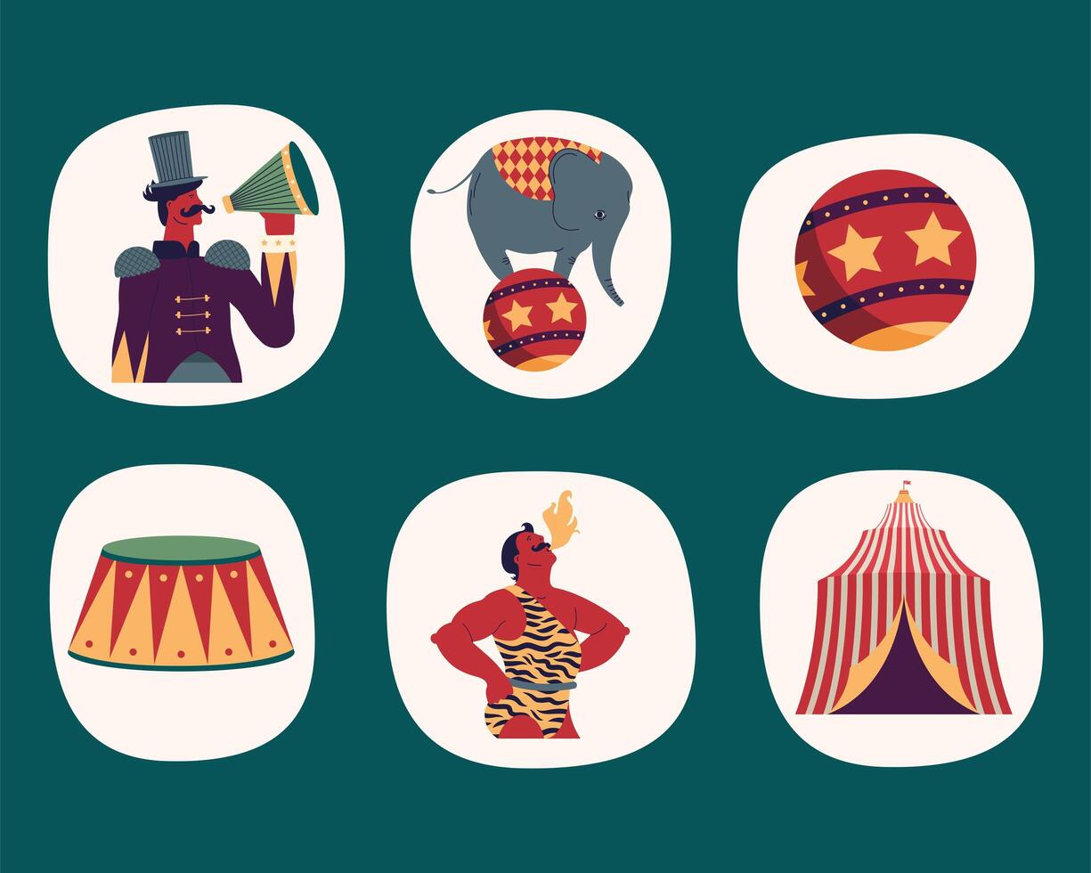 espectáculo de circo seis iconos vector