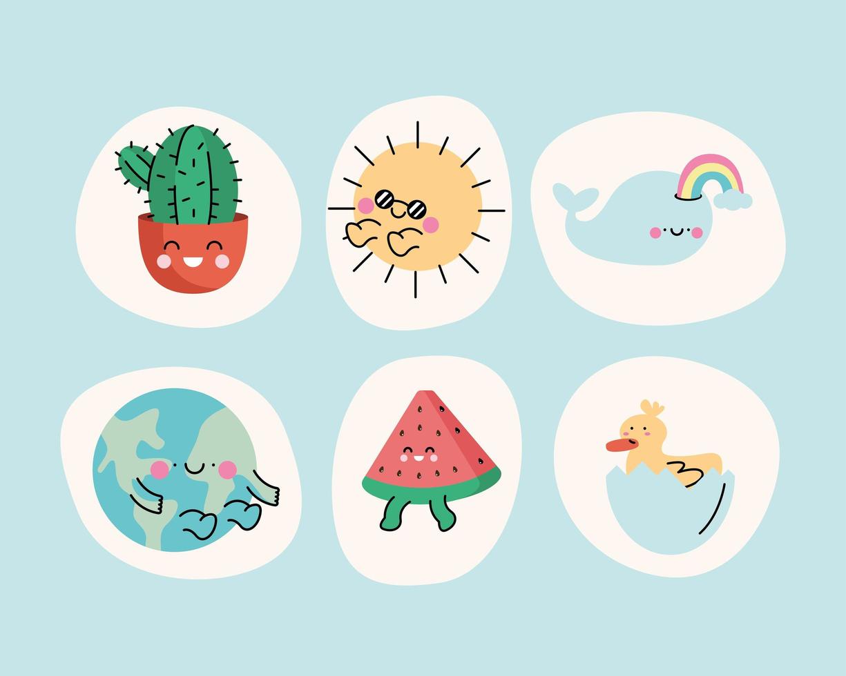 six cute kawaii characters vector