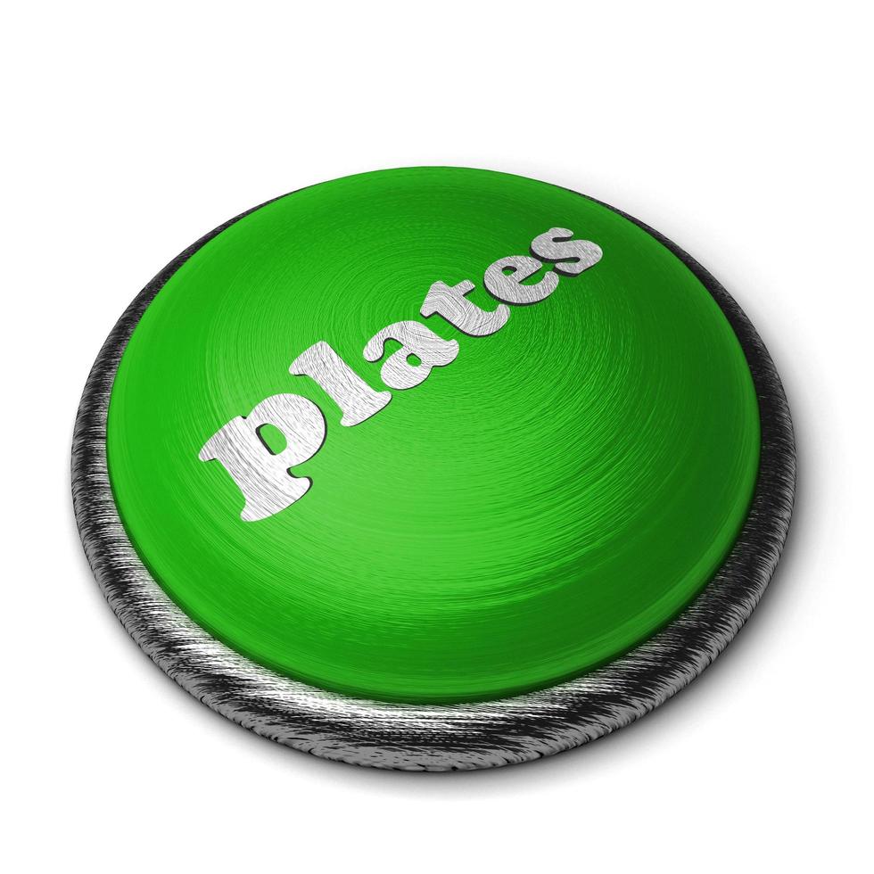 Palabra de placas en el botón verde aislado en blanco foto