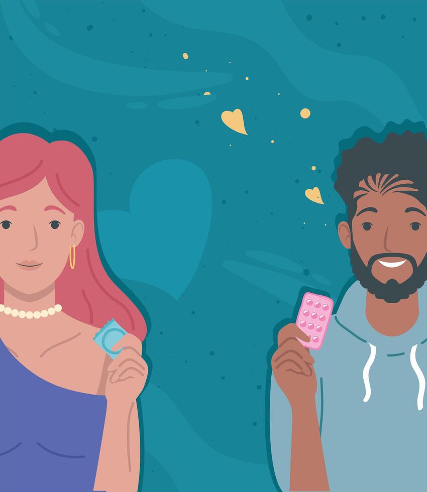 lovers with condom and pills vector