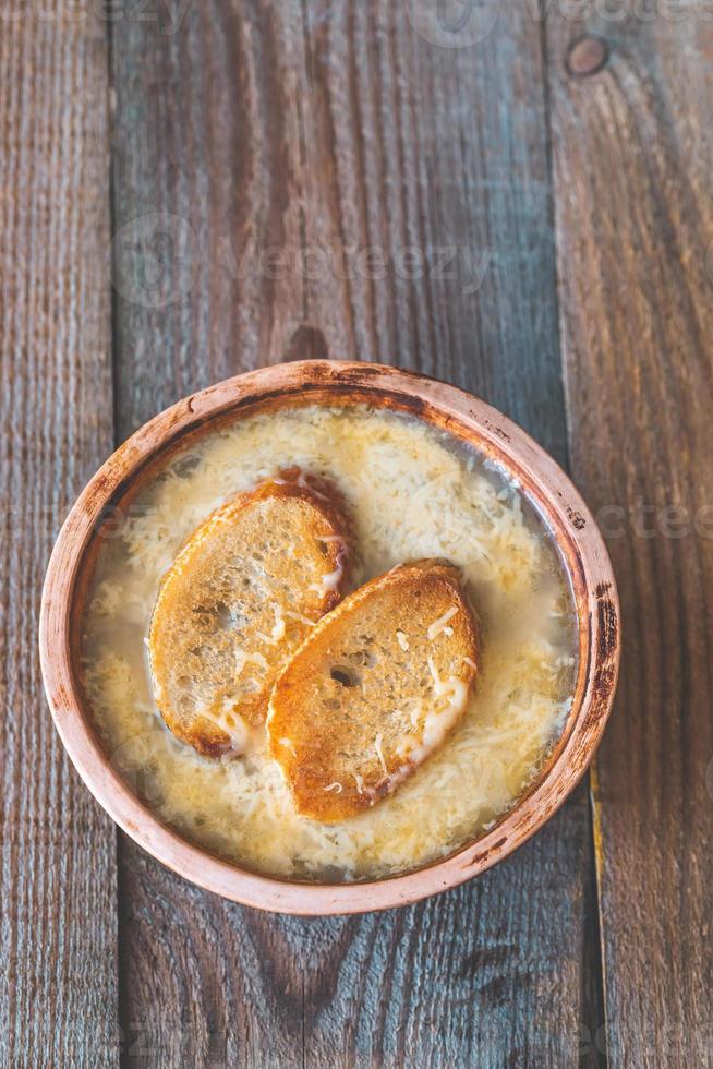 Bowl of onion soup photo