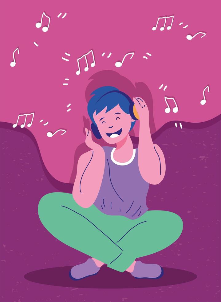 young man listening music vector