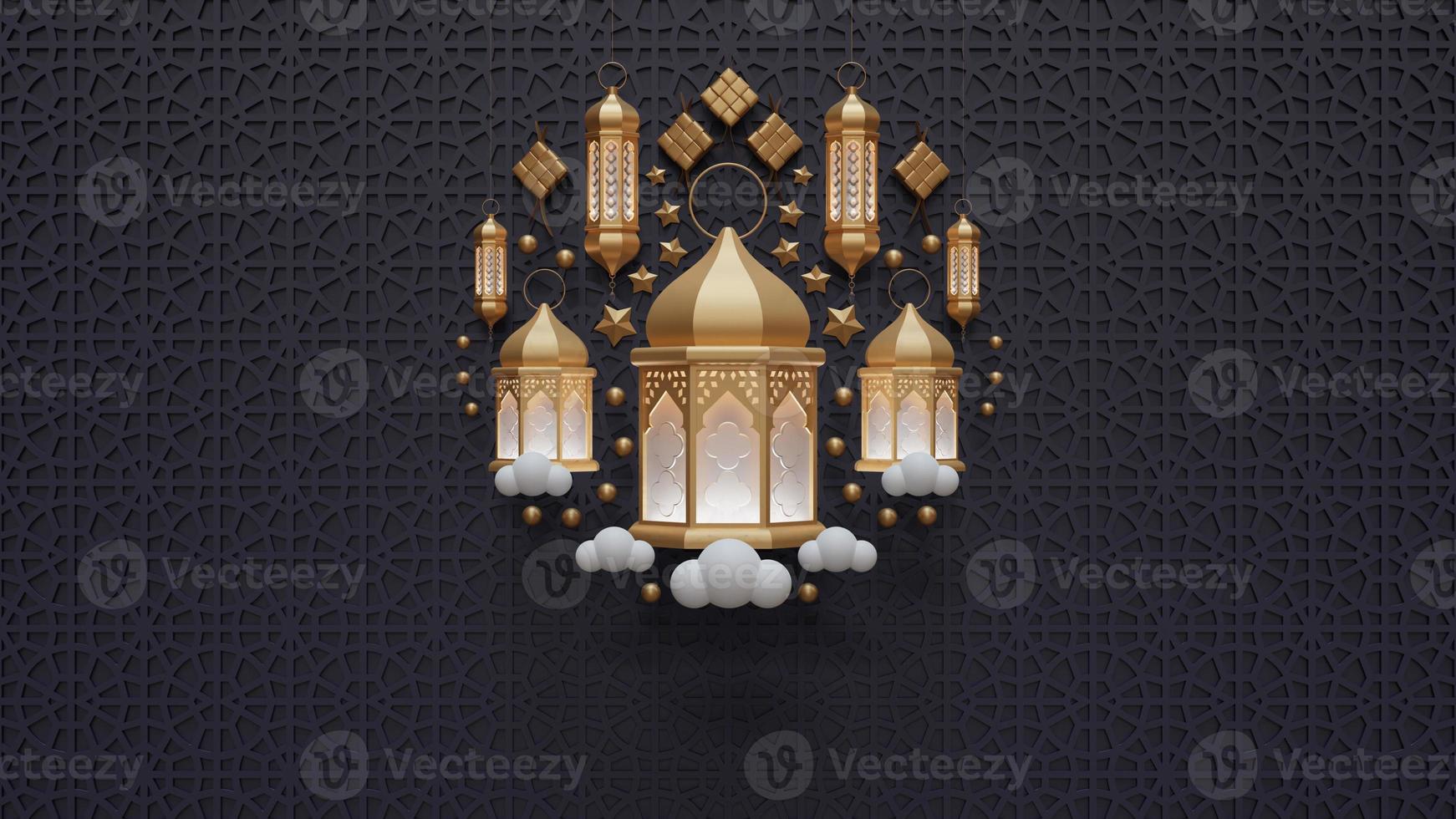 Eid Al Fitr Landing Page Template WIth Lantern 3D Render Illustration photo