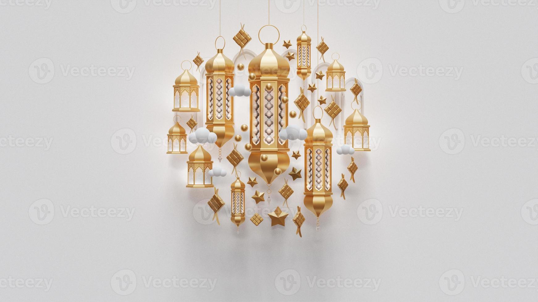 Eid Al Fitr Landing Page Template WIth Lantern 3D Render Illustration photo