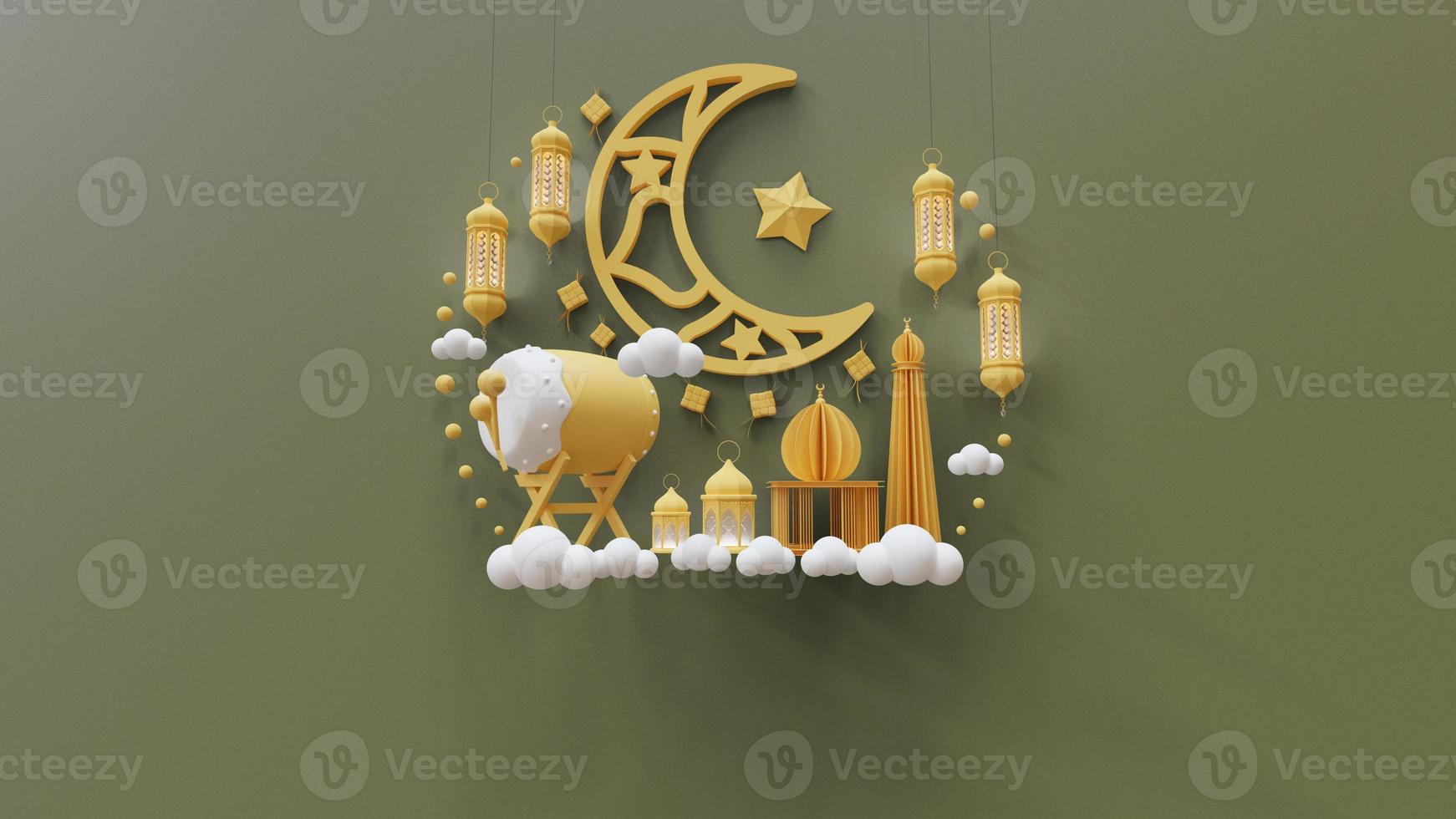 Eid Mubarak Landing Page Template With Crescent 3D Render Illustration photo