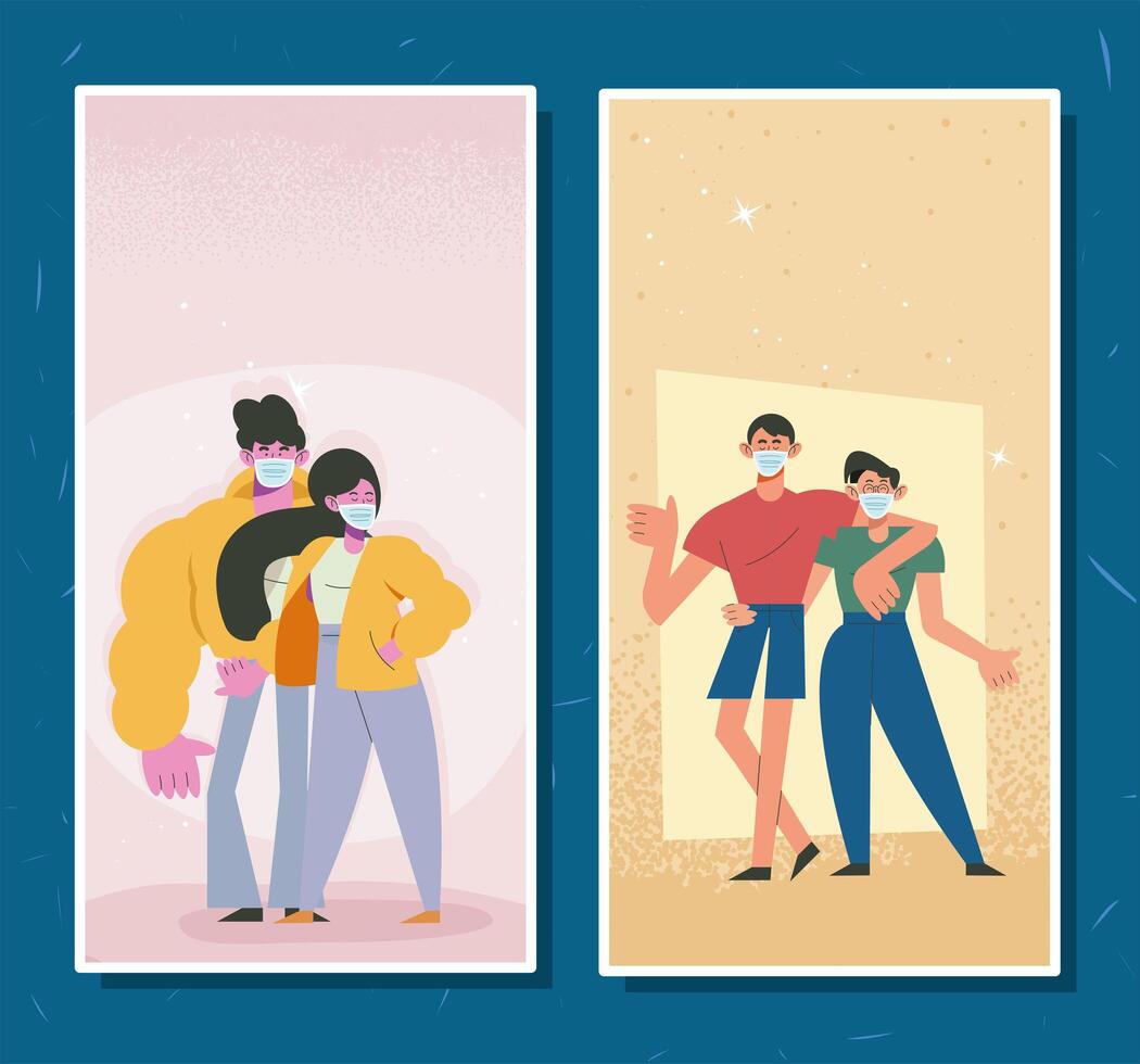 couples wearing face masks vector