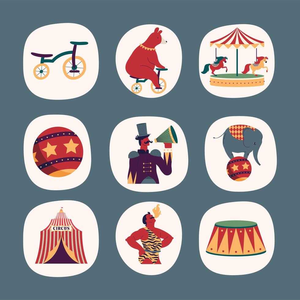 nueve iconos de espectáculo de circo vector