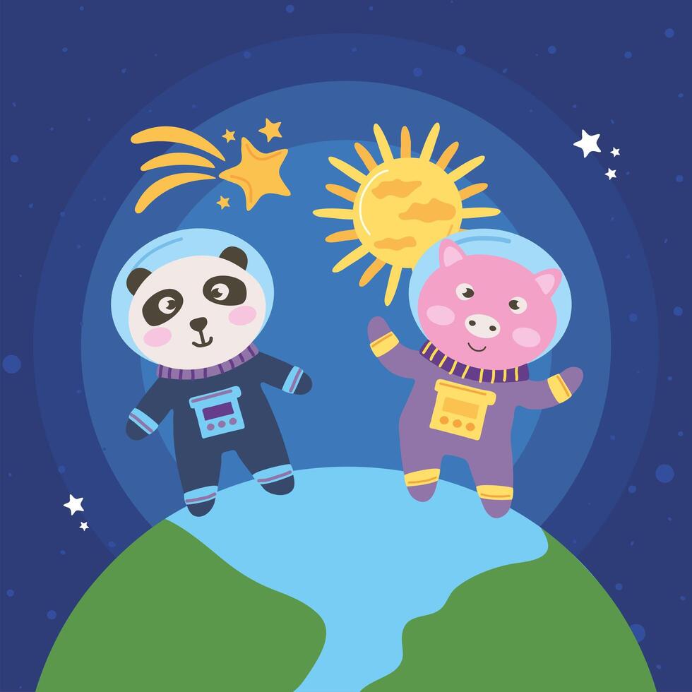 pig and panda on earth vector