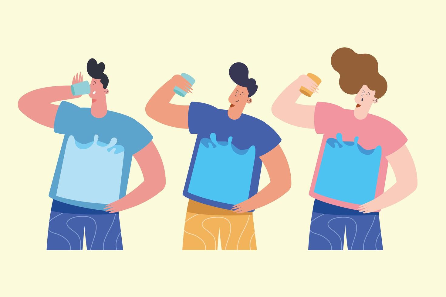 three young persons drinking water vector