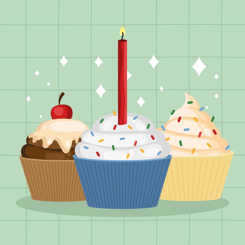 sweet cupcakes and candle vector