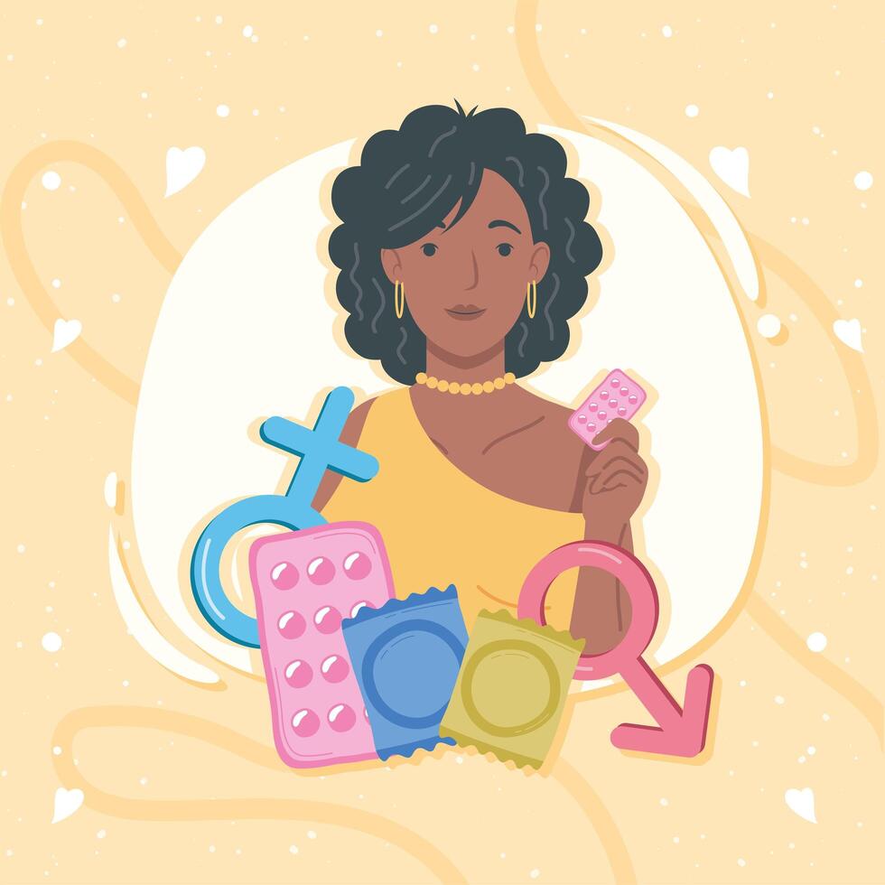 mujer afro con iconos sexuales vector