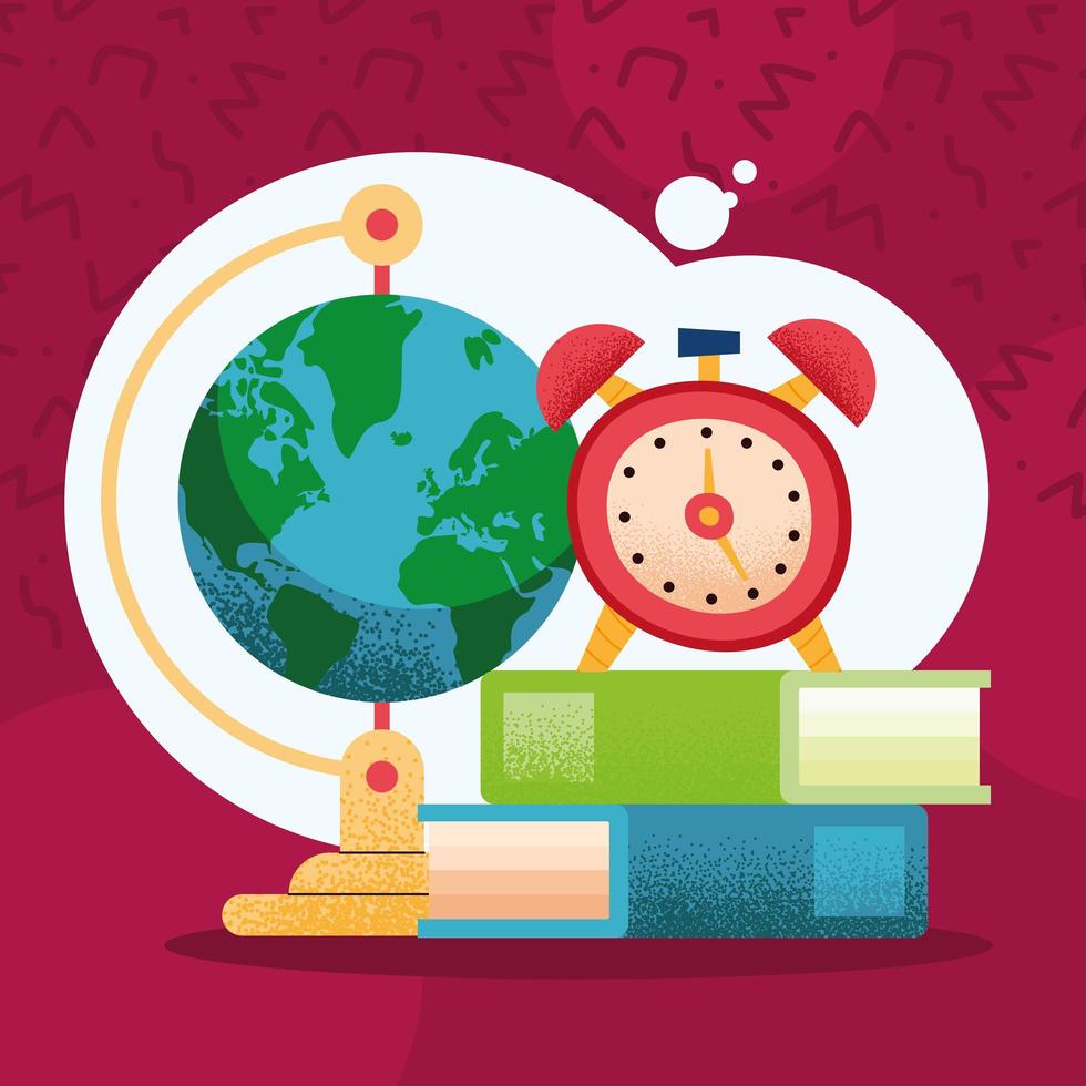 earth with books and alarm vector