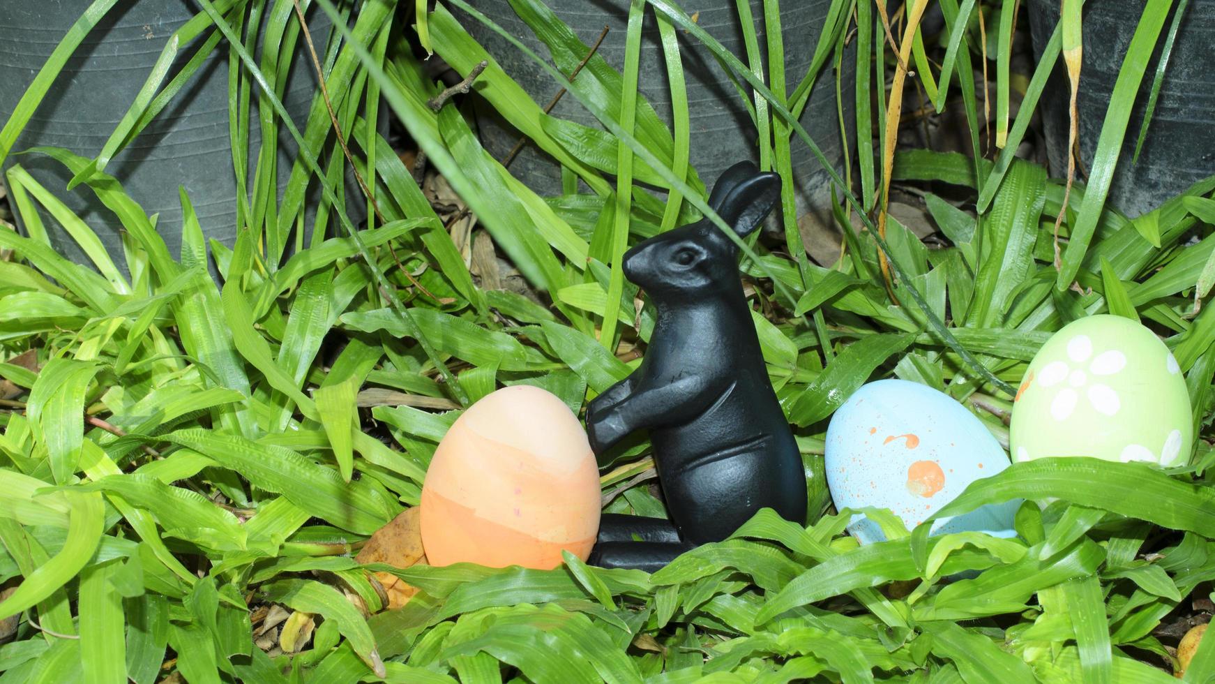Close up of Easter eggs and rabbit decoration on green grass backgrounds photo