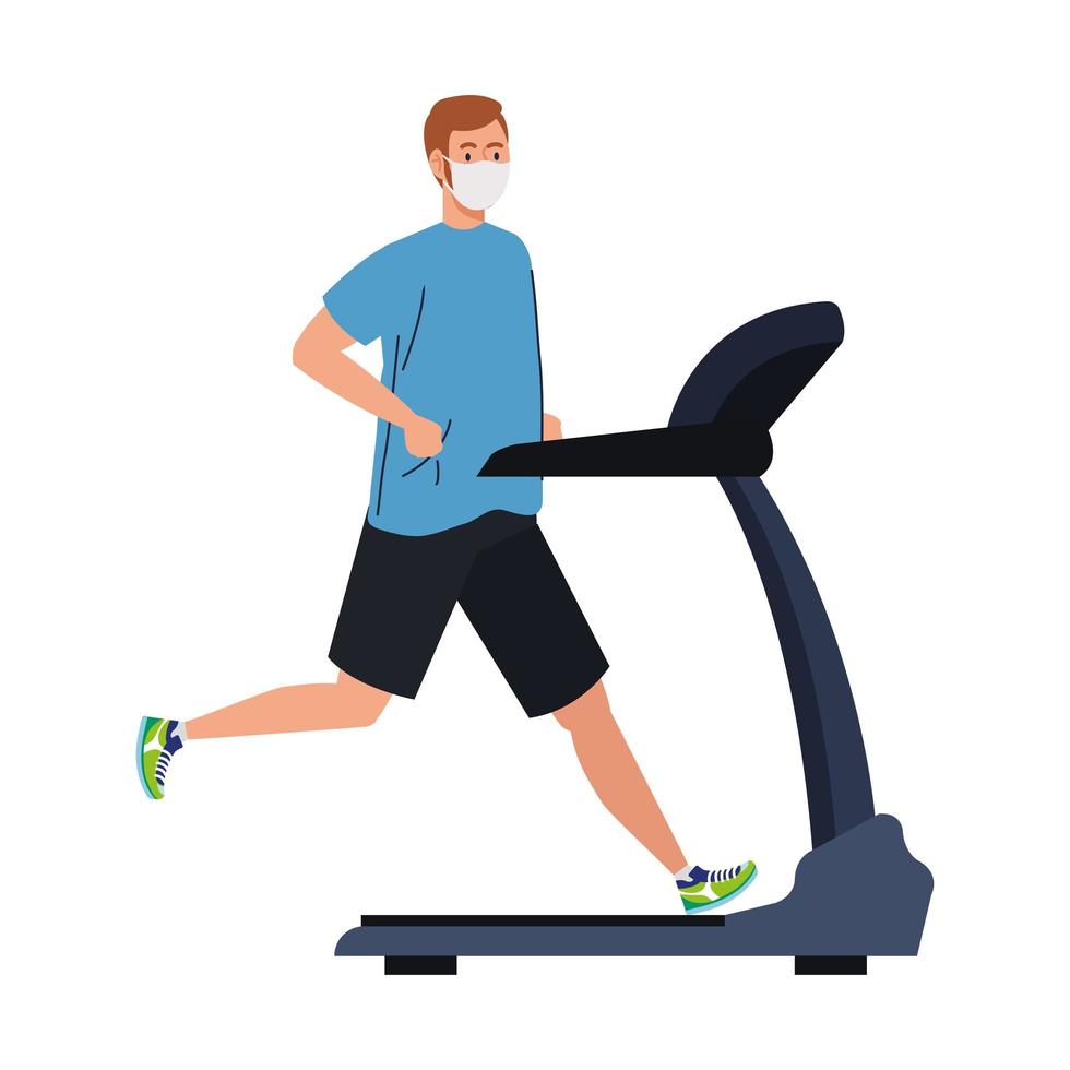 man with mask and sportswear running at treadmill vector design