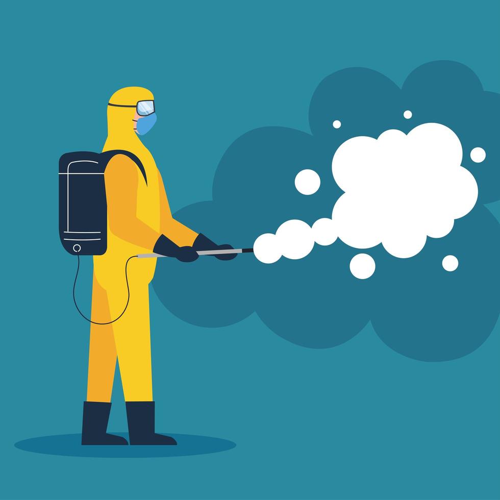 person in protective suit or clothing, spray to cleaning and disinfection virus, covid 19 disease, preventive measure vector