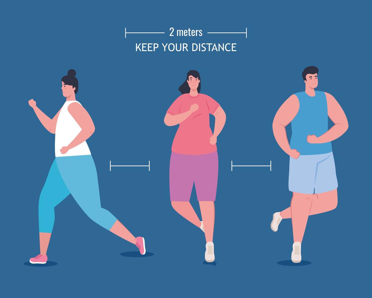 personas trotando y manteniendo la distancia social en coronavirus covid 19 vector