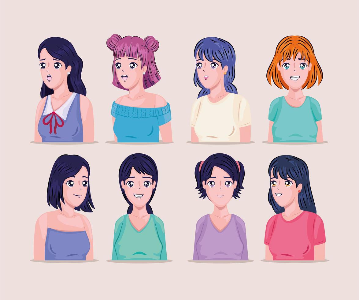 mujeres anime en diferentes poses vector