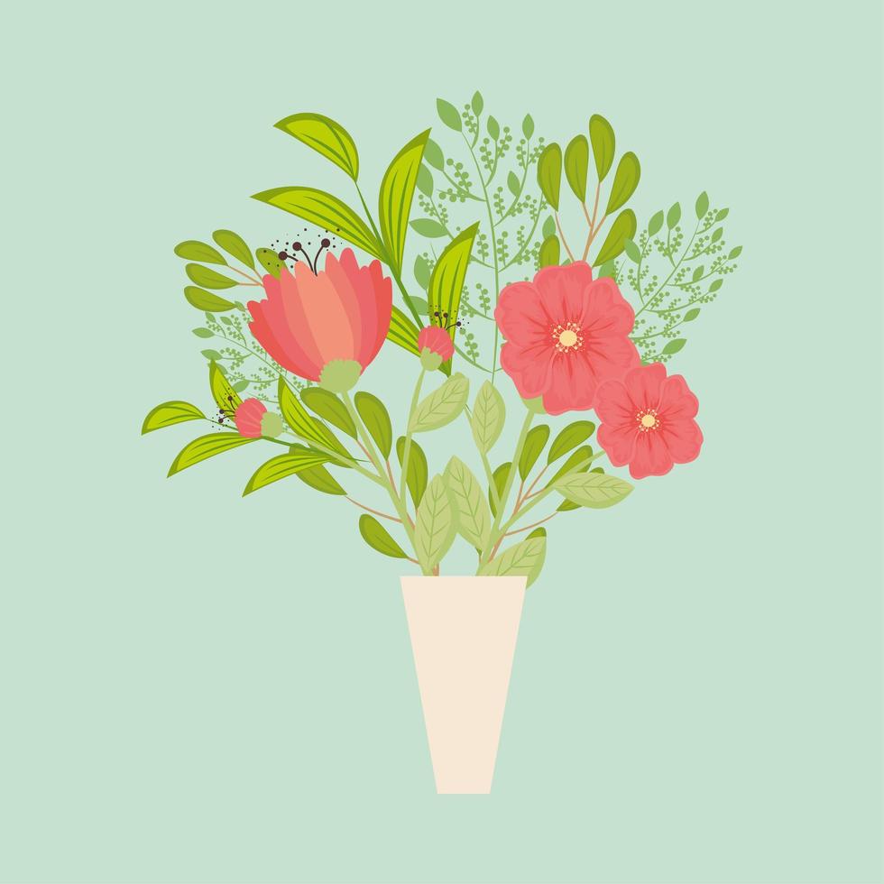 red flowers with leaves inside vase vector design