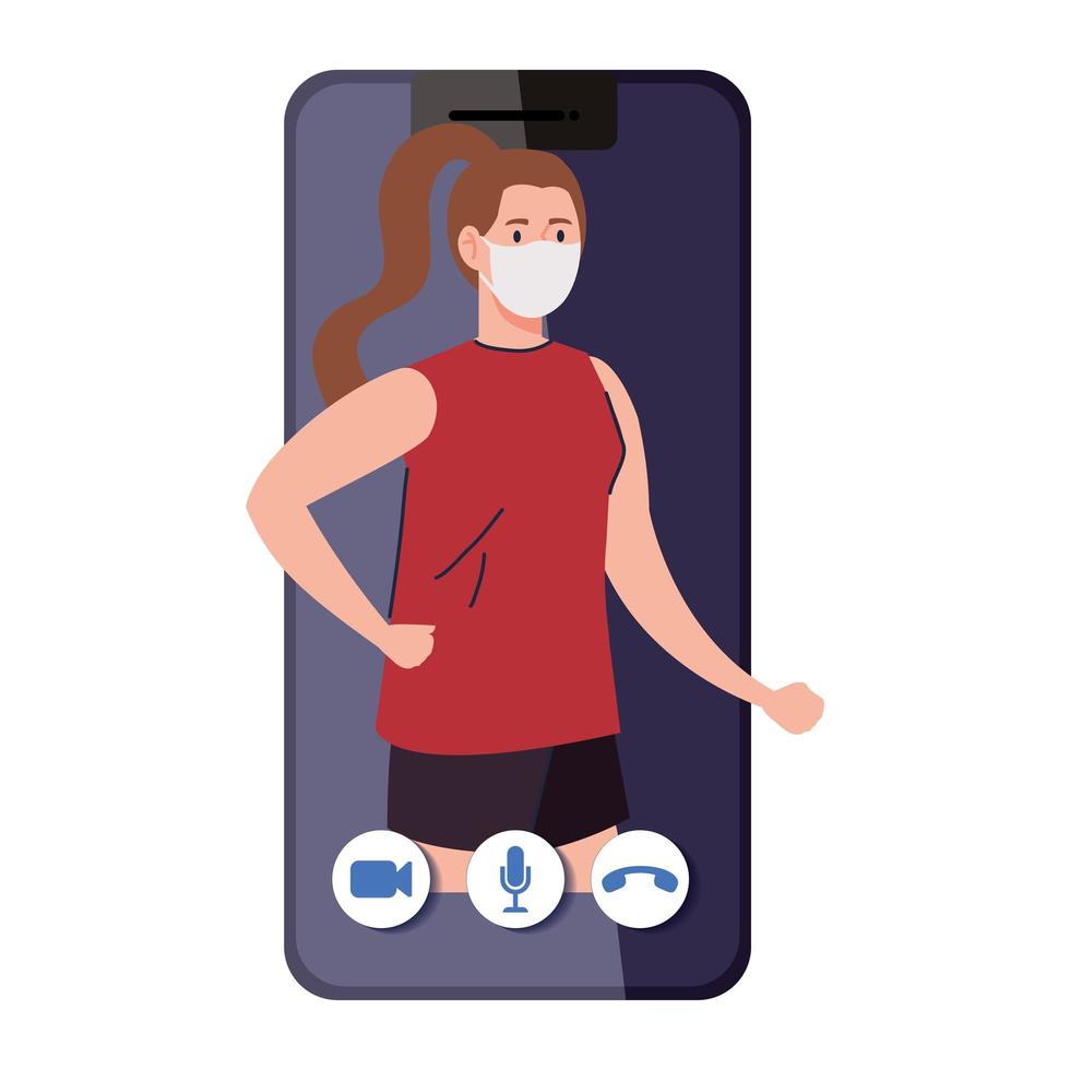 Mujer con máscara y ropa deportiva en diseño vectorial de smartphone vector