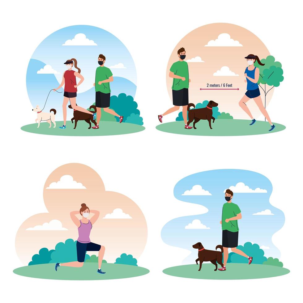 Social distancing between men and women with masks at park vector design
