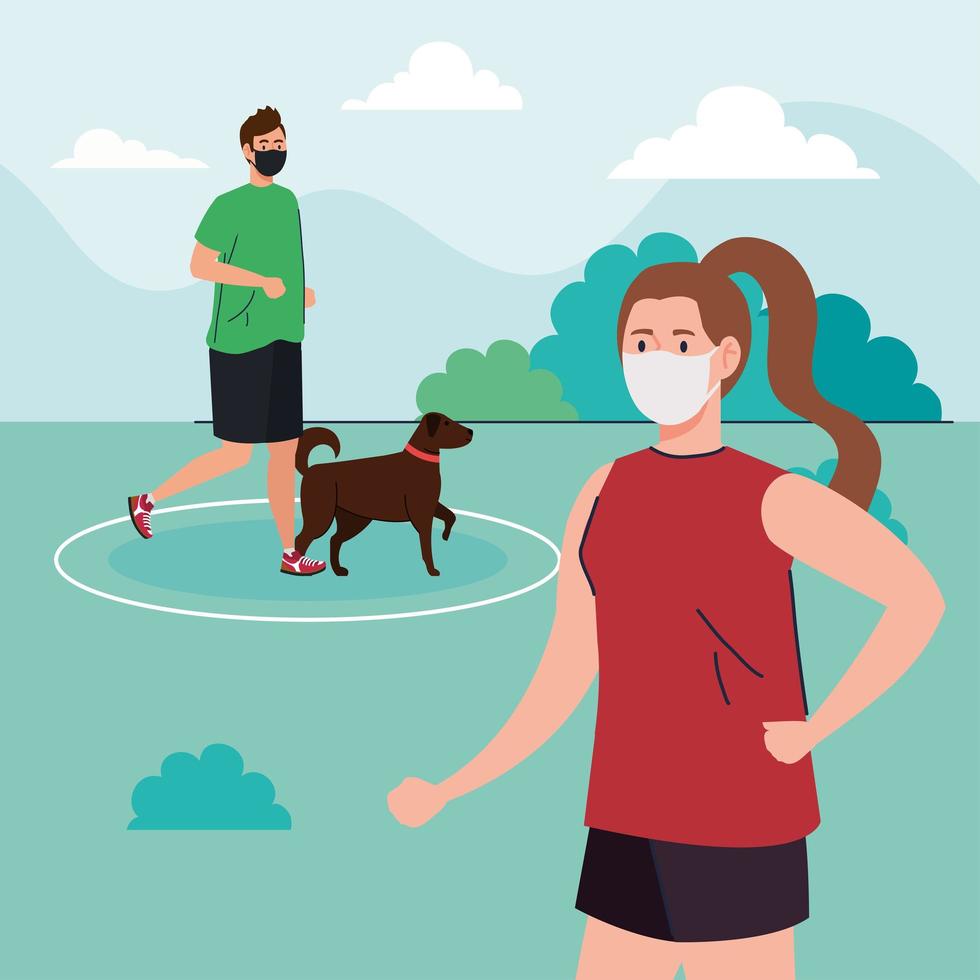 distanciamiento social entre hombre y mujer con máscaras corriendo con perro en el diseño del vector del parque