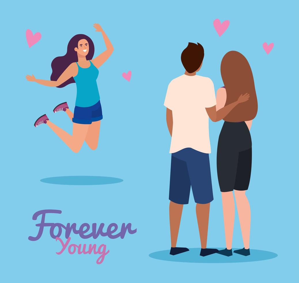 woman man couple and girl cartoon jumping of forever young vector design