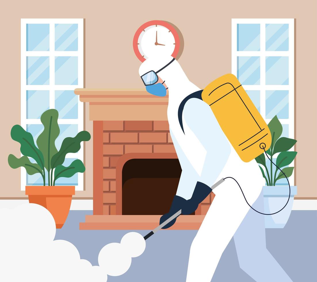 home disinfection by commercial disinfecting service, disinfection worker with protective suit and spray prevent covid 19 vector