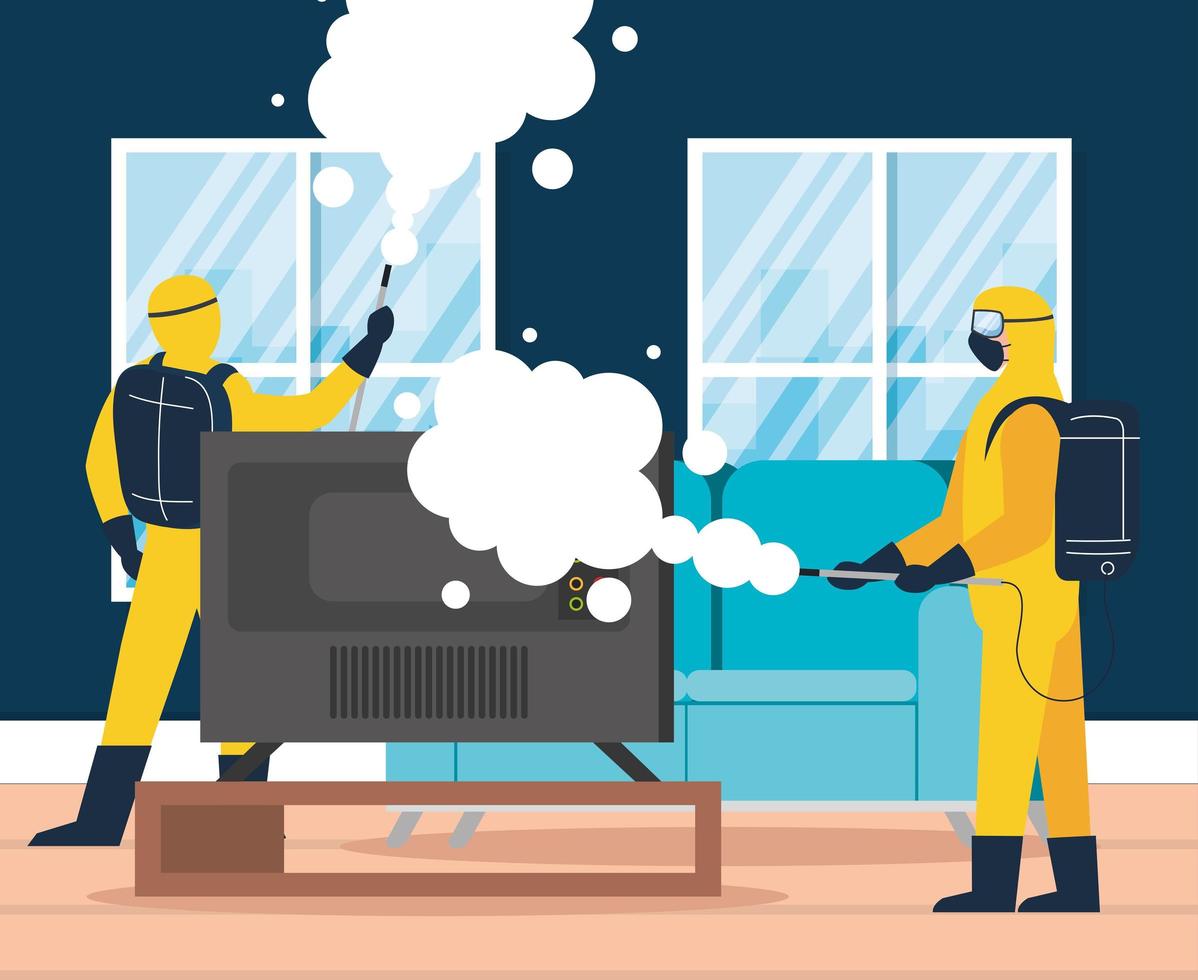 home disinfection by commercial disinfecting service, disinfection workers group with protective suit and spray prevent covid 19 vector