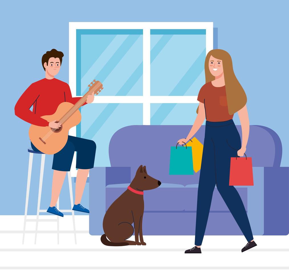 couple in the house, man playing guitar and man with bags shopping vector