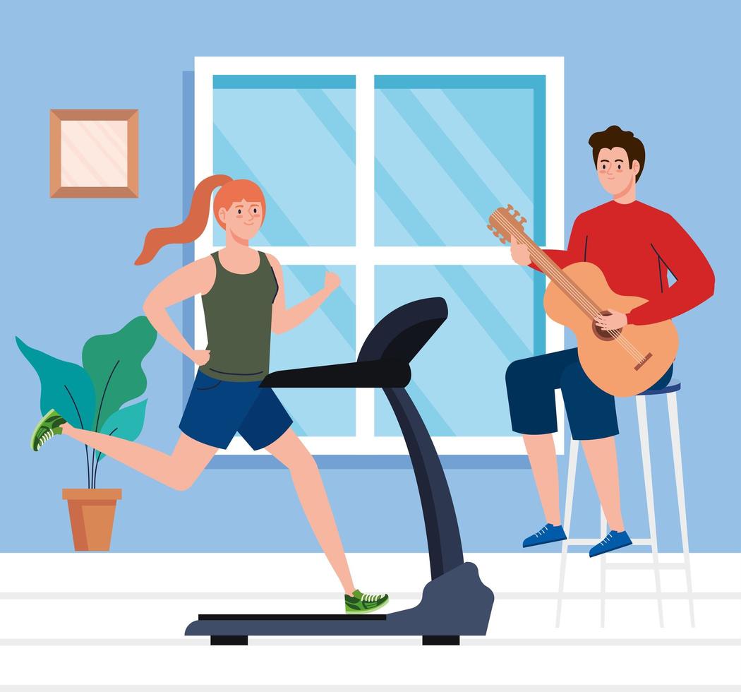couple in the house, doing activities, woman running on treadmill and man playing guitar in the house vector